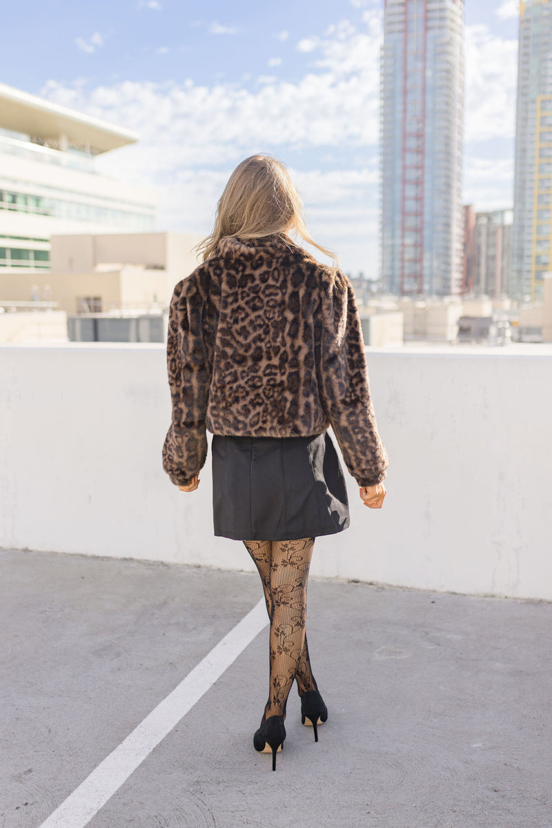 Long Sleeve Faux Fur Leopard Print Crop Jacket Brown