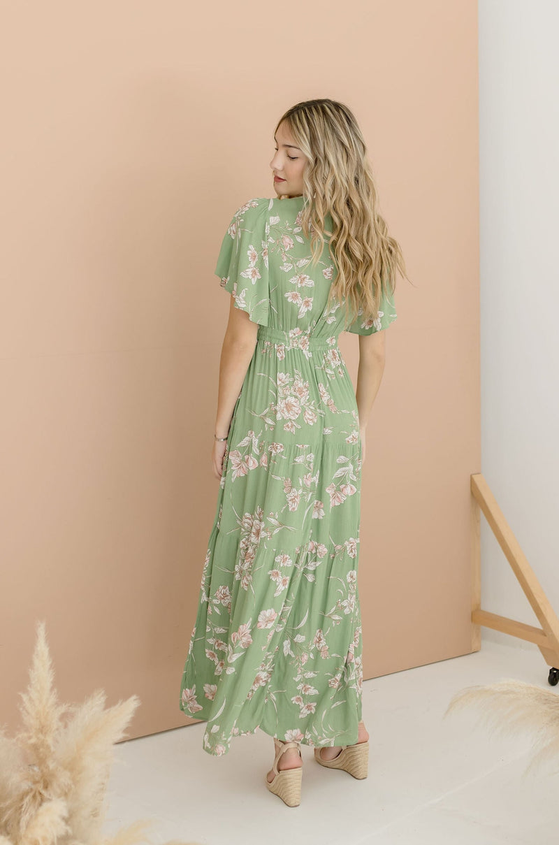 Short Sleeve Floral Print Maxi Dress Green