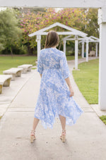  Kimono Sleeve Abstract Print Midi Dress Blue
