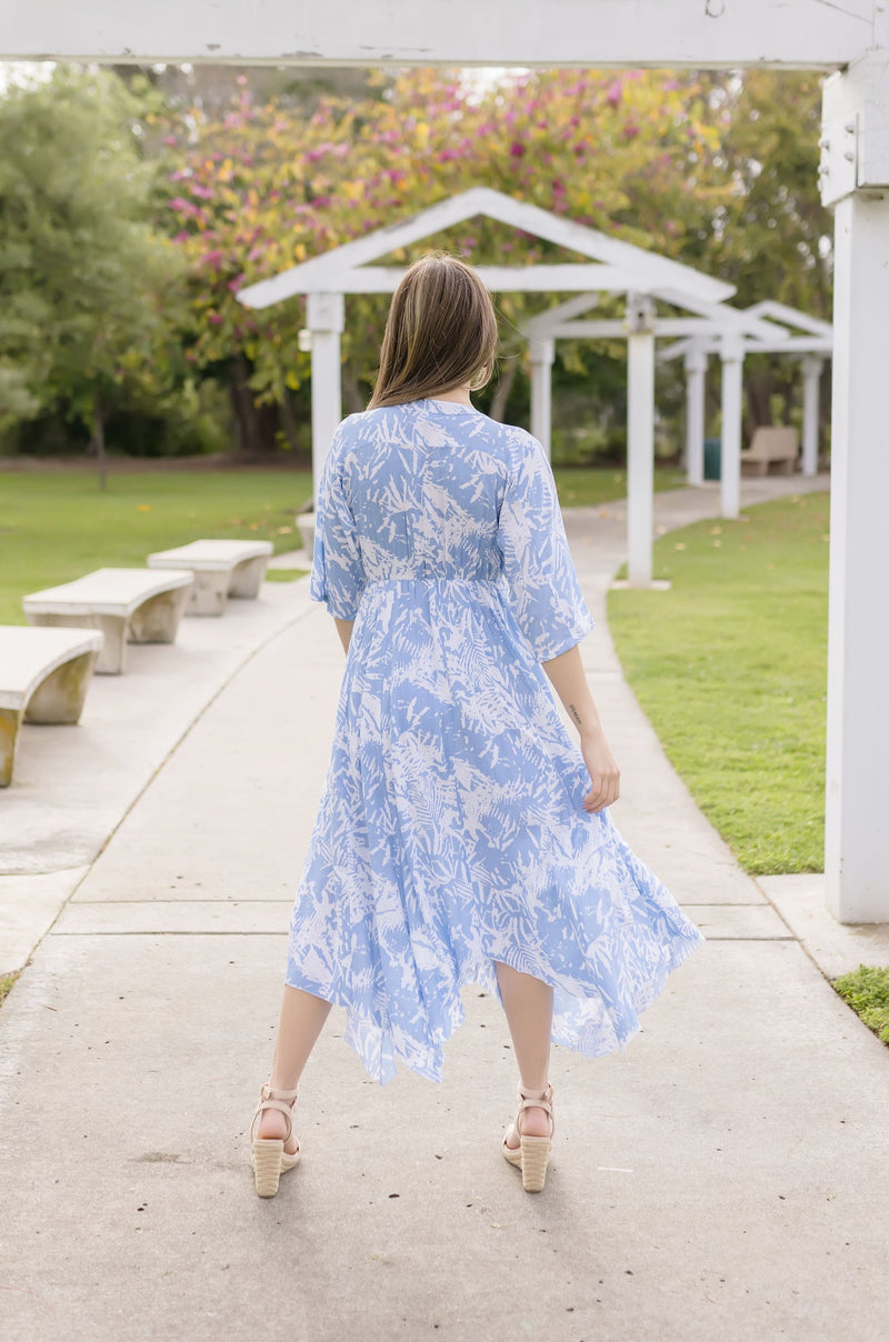  Kimono Sleeve Abstract Print Midi Dress Blue