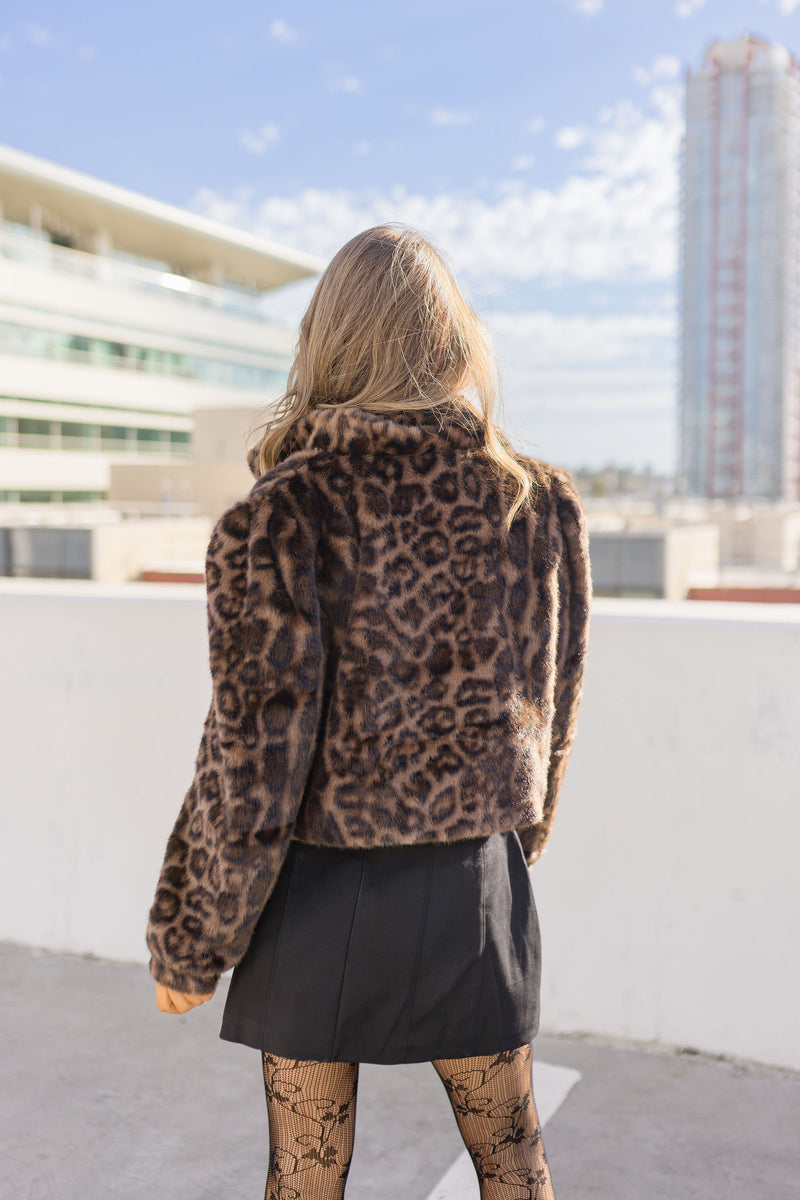 Long Sleeve Faux Fur Leopard Print Crop Jacket Brown