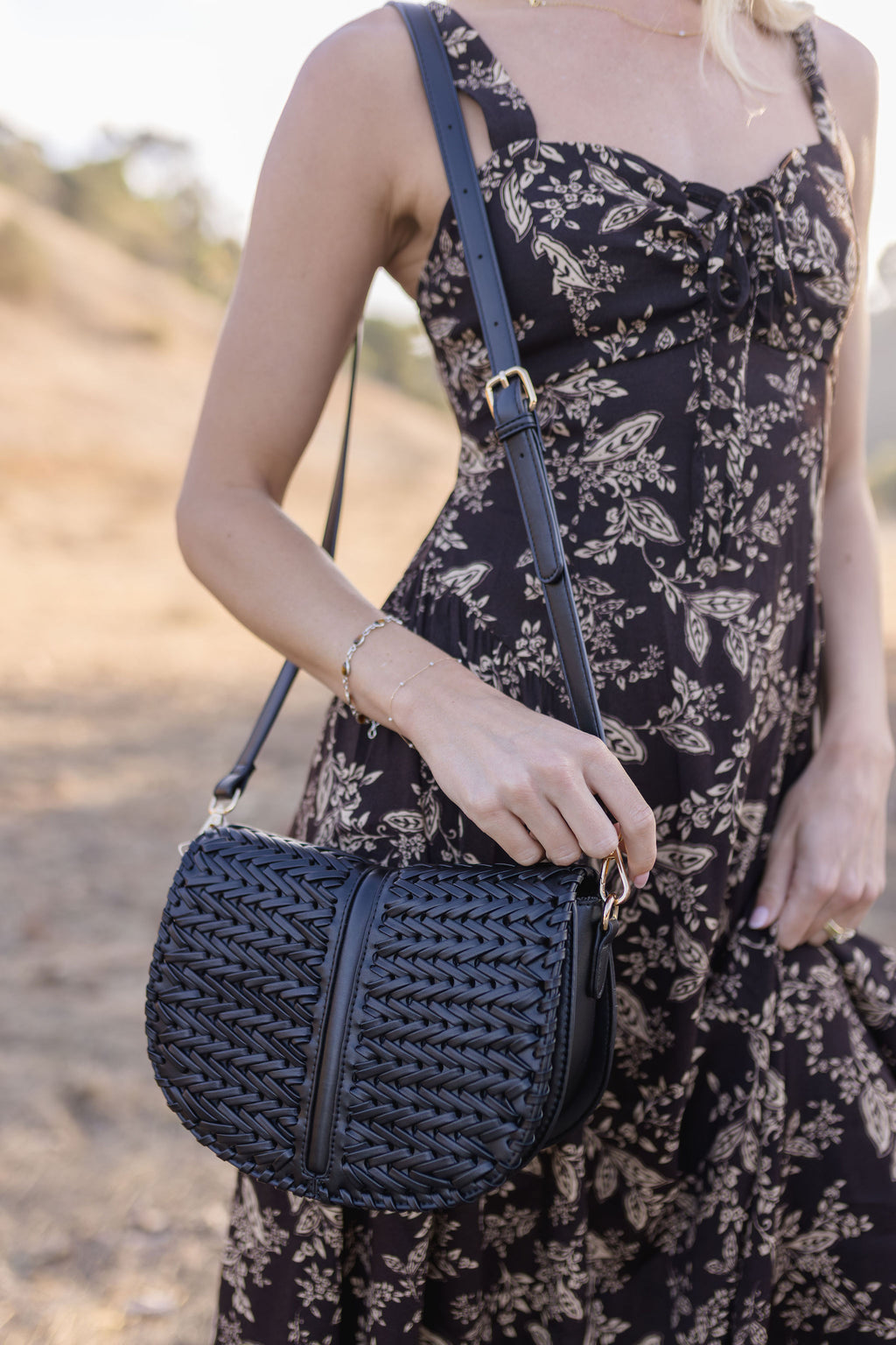Faux Leather Woven Crossbody Black
