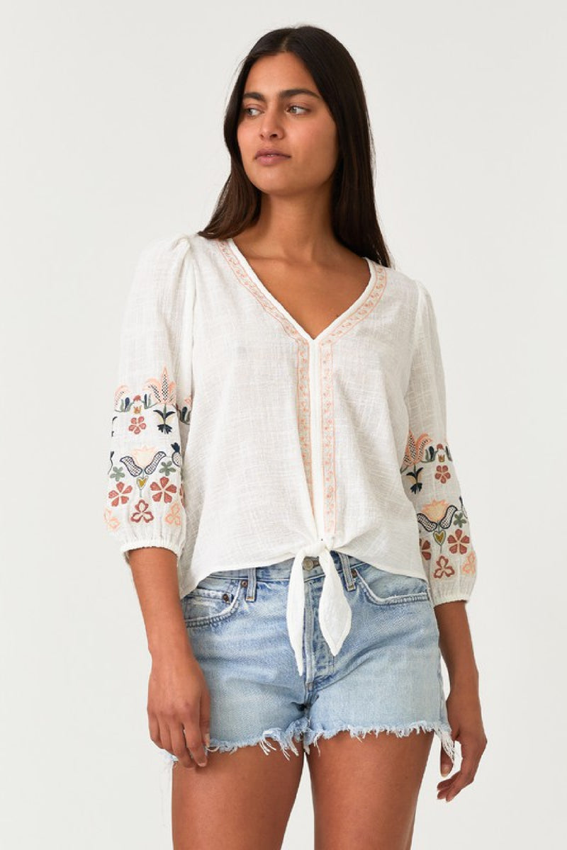 Short Embroidered Sleeve Front Tie Top White