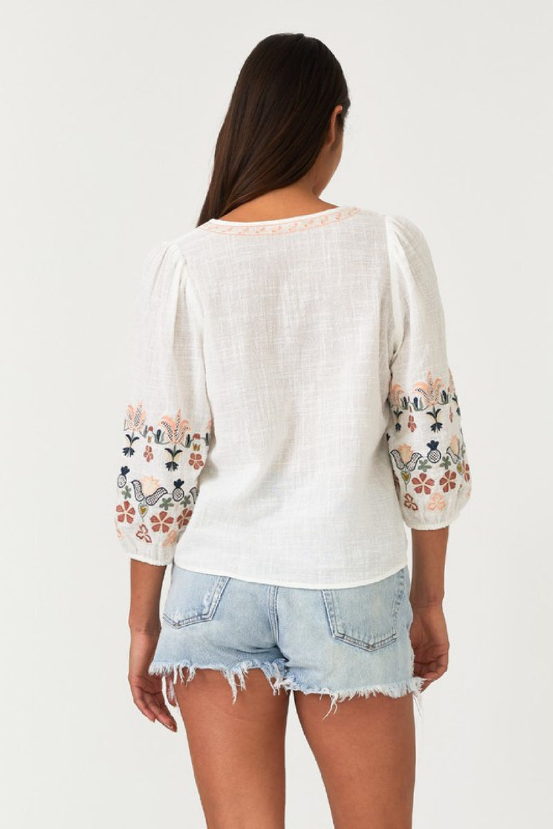 Short Embroidered Sleeve Front Tie Top White