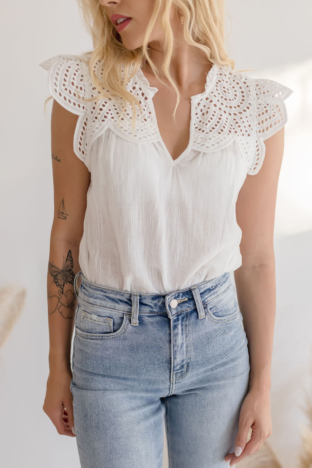 Embroidered Cap Sleeve Top White