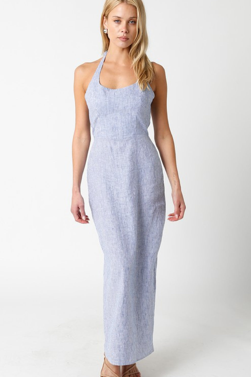 Sleeveless Halter Stripe Print Linen Maxi Dress Blue