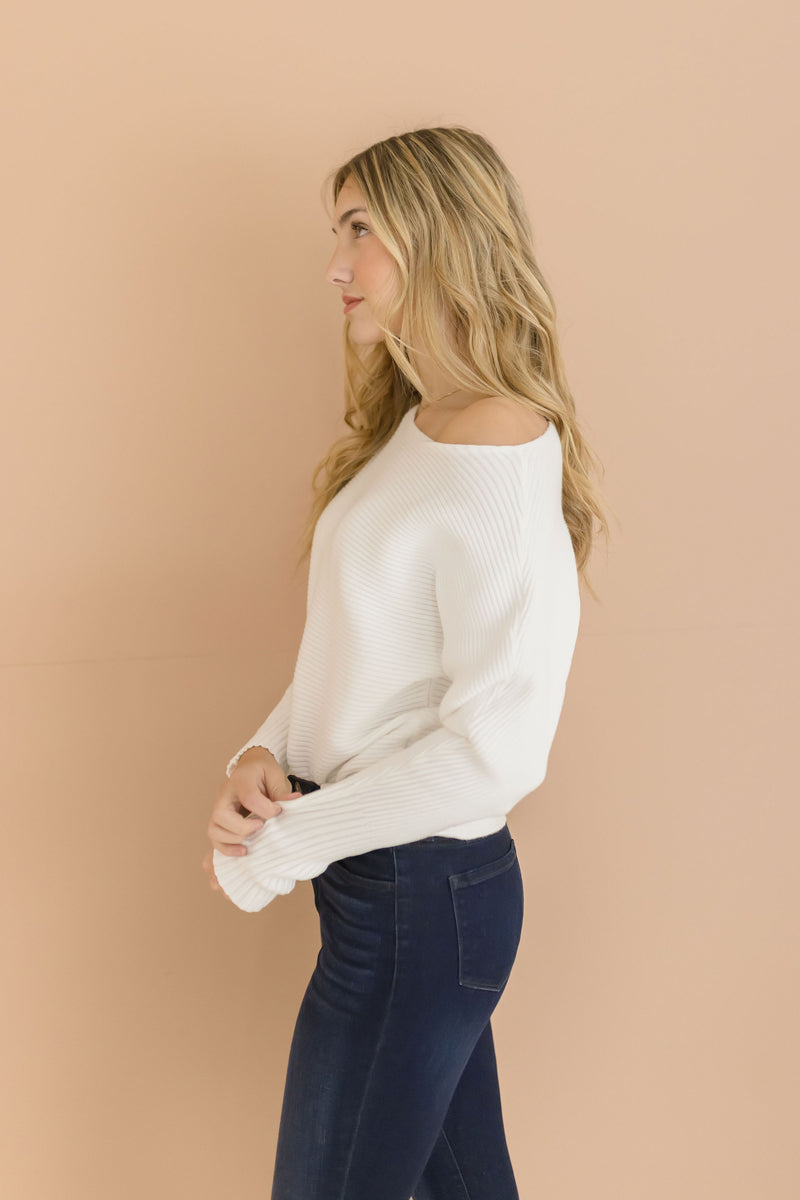  Long Sleeve Ribbed Sweater Top White