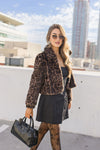 Long Sleeve Faux Fur Leopard Print Crop Jacket Brown