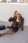Long Sleeve Faux Fur Leopard Print Crop Jacket Brown