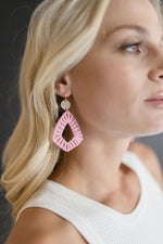 Straw Braided Triangle Drop Earrings Pink