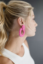 Straw Oval Earrings Pink