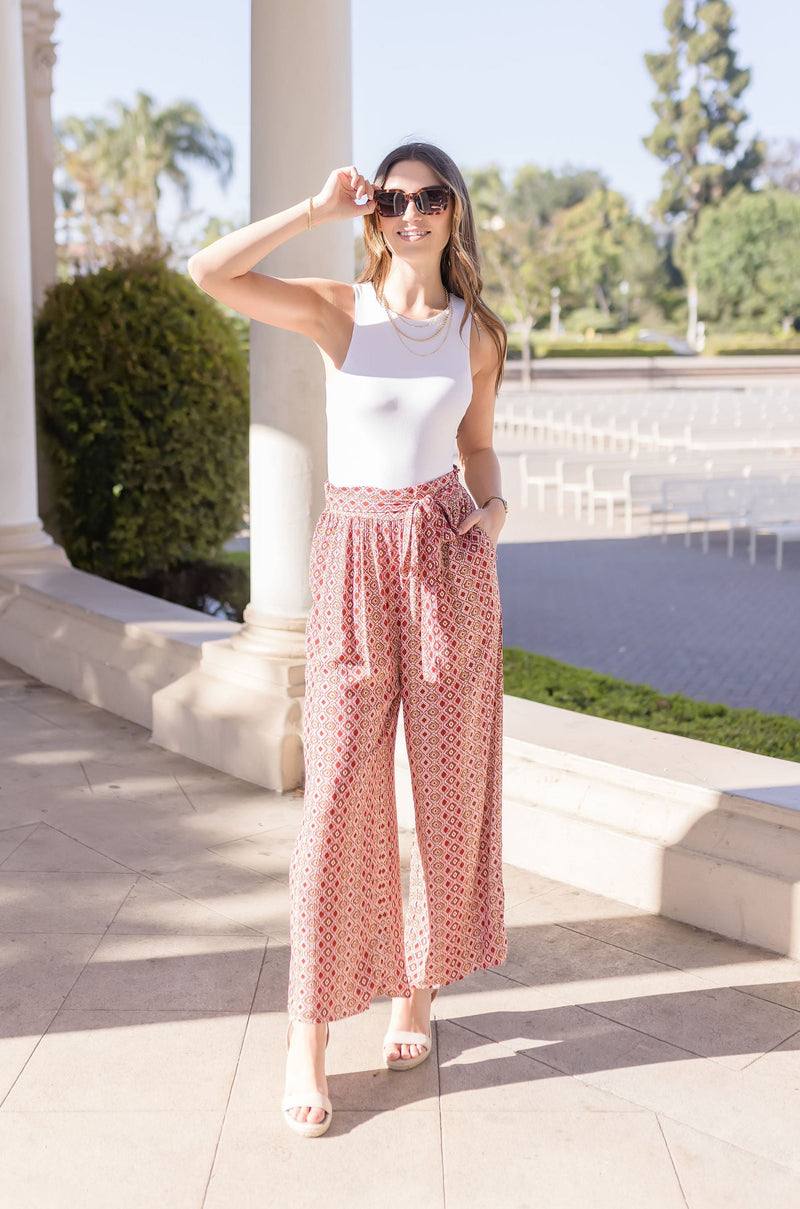 High Rise Printed Wide Leg Pants Red