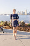 Puff Sleeve Floral Embroidered Top And Mini Skirt Set Navy