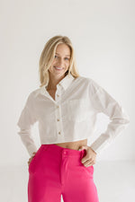  Long Sleeve Button Down Crop Top White