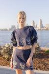 Puff Sleeve Floral Embroidered Top And Mini Skirt Set Navy