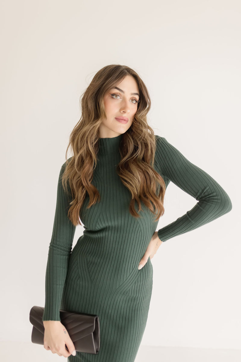 Long Sleeve Mock Neck Knit Midi Dress Green