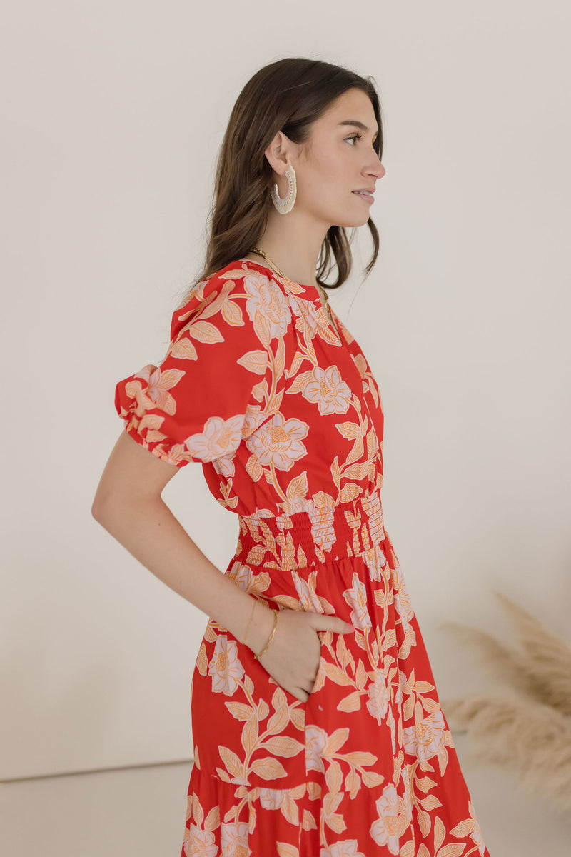 Short Puff Sleeves Floral Print Midi Dress Red