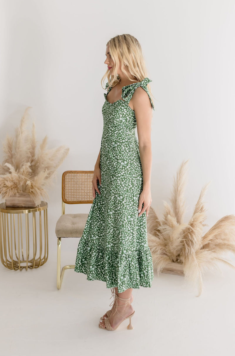  Sleeveless Shoulder Tie Floral Print Midi Dress Green