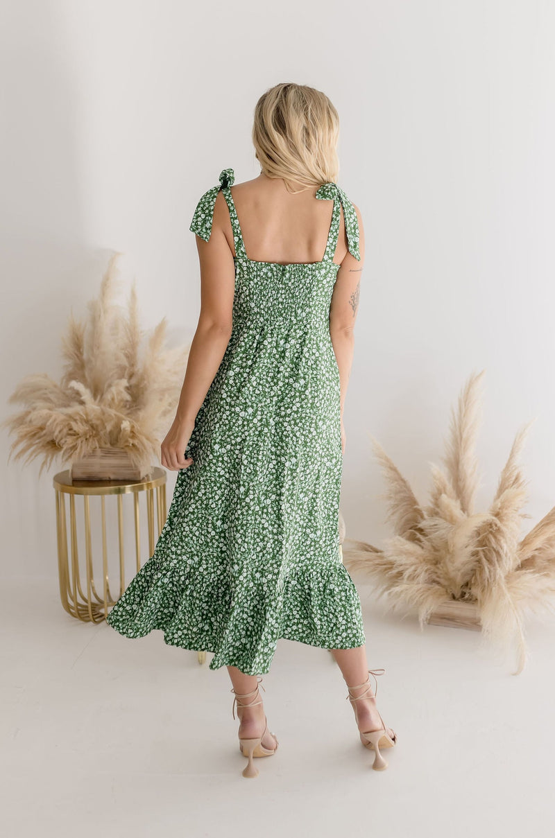  Sleeveless Shoulder Tie Floral Print Midi Dress Green