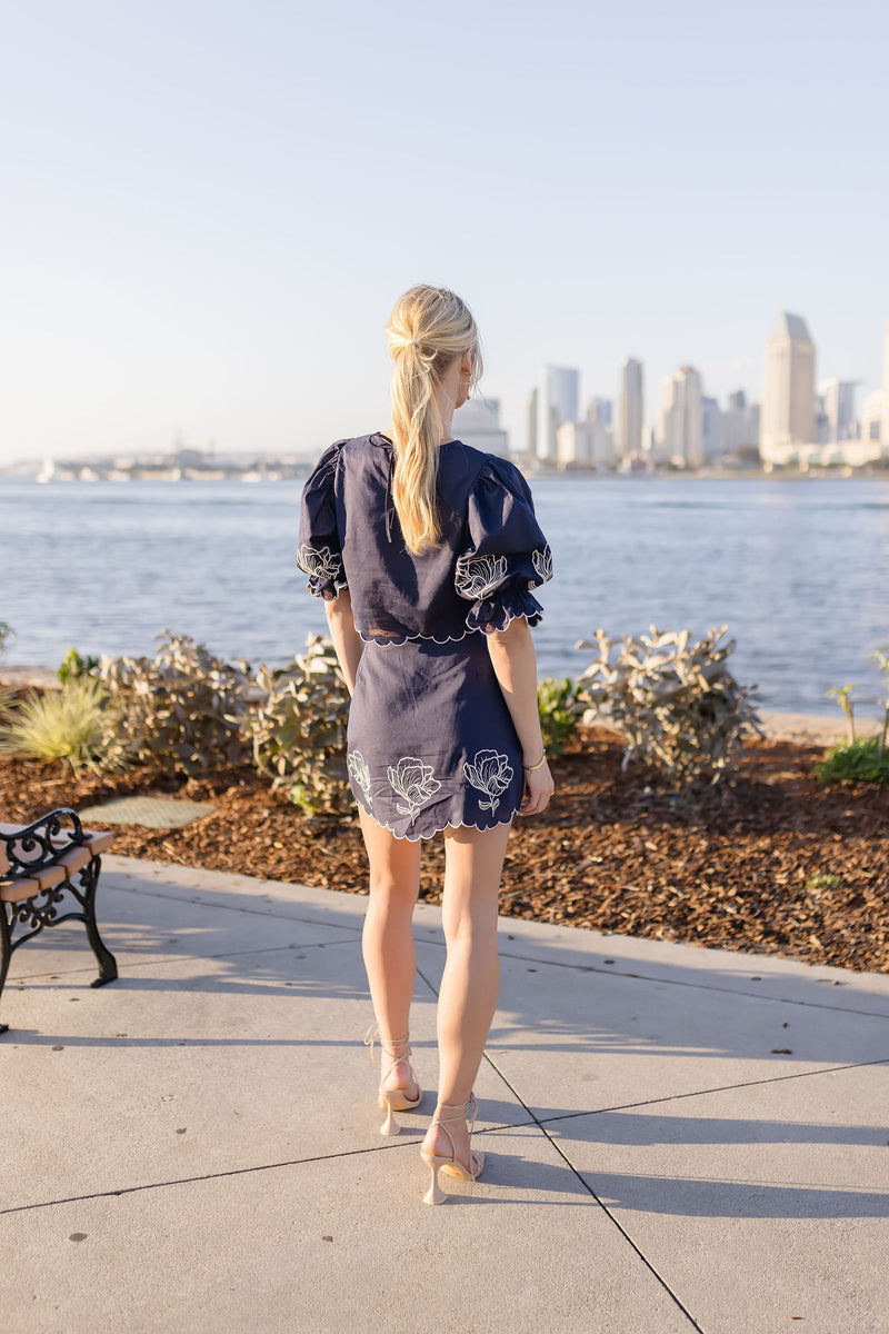 Puff Sleeve Floral Embroidered Top And Mini Skirt Set Navy