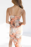 Sleeveless Ruched Abstract Print Mesh Midi Dress Orange