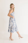 Sleeveless Shoulder Tie Floral Print Midi Dress Blue