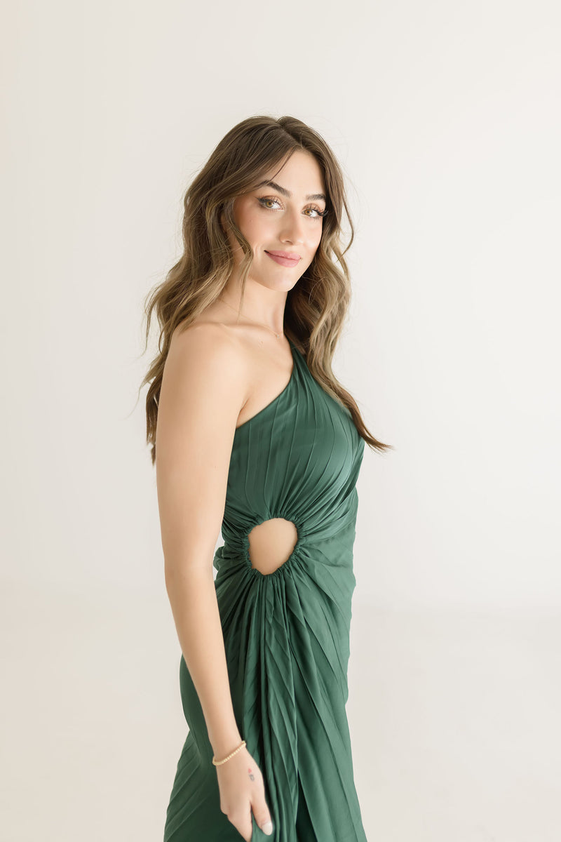 One Shoulder Pleated Maxi Dress Green