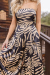 Sleeveless Back Tie Tropical Print Wide Leg Jumpsuit Black
