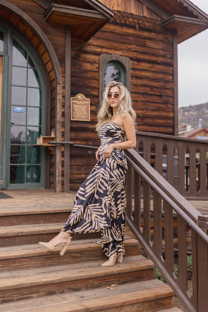 Sleeveless Back Tie Tropical Print Wide Leg Jumpsuit Black