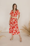 Short Puff Sleeves Floral Print Midi Dress Red