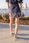 Puff Sleeve Floral Embroidered Top And Mini Skirt Set Navy