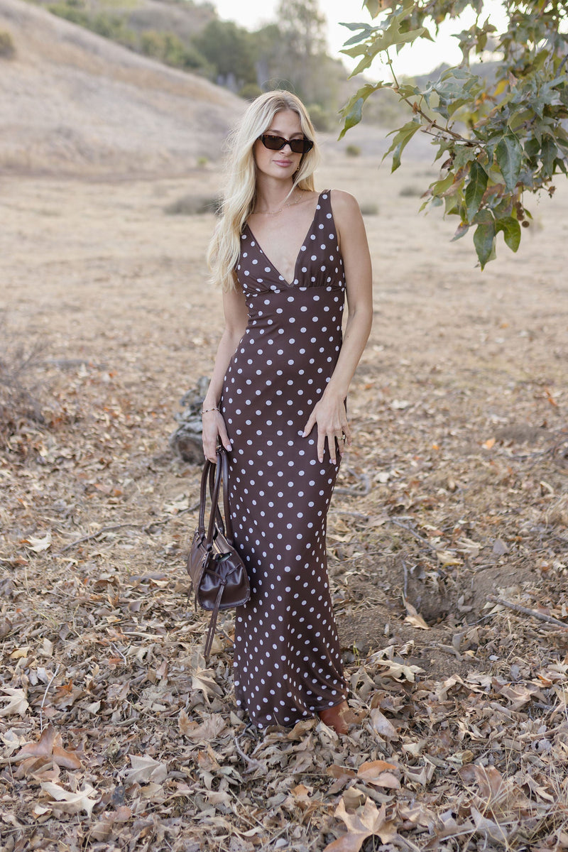 Serenity Sleeveless Polka Dot Print Mesh Maxi Dress Brown