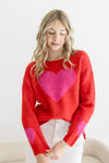 Crew Neck Heart Print Sweater Red