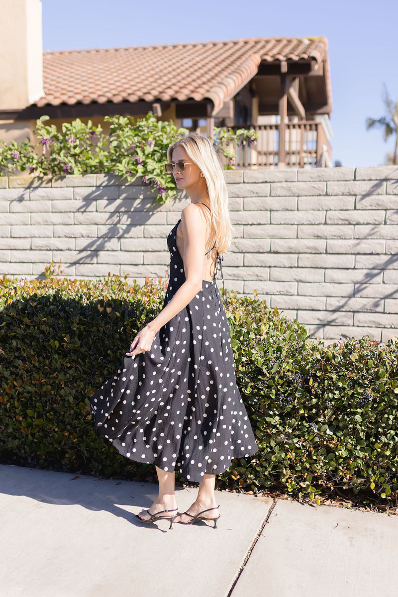 Sleeveless Open Back Tie Dot Print Maxi Dress Black