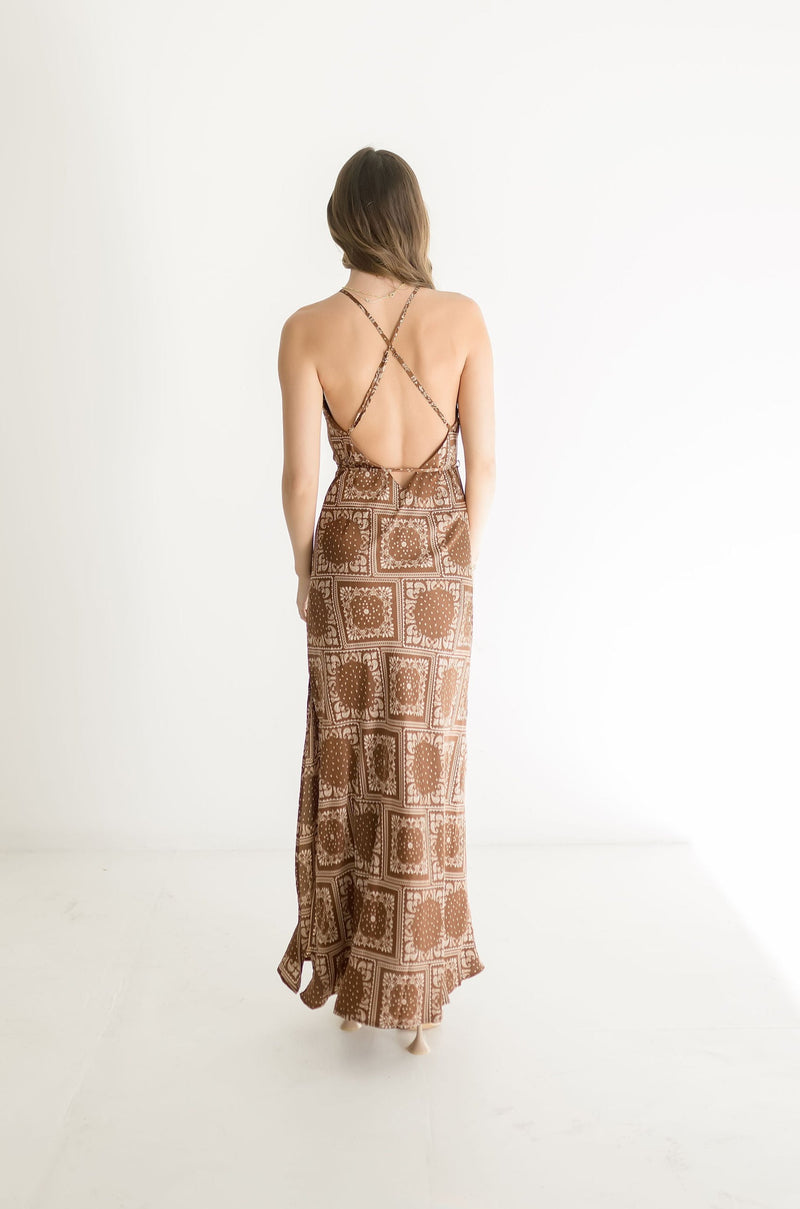  Sleeveless Halter Cross Back Abstract Print Maxi Dress Brown