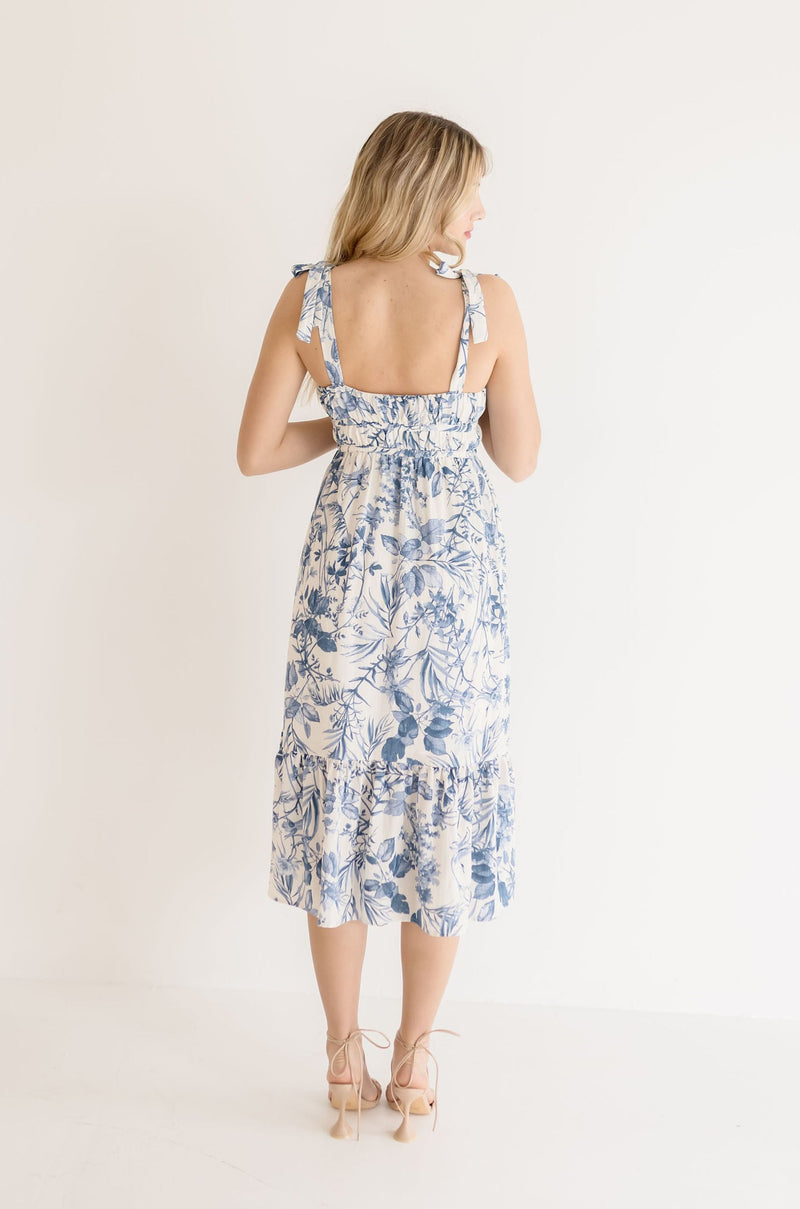  Sleeveless Shoulder Tie Floral Print Midi Dress Blue