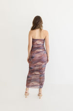 Sleeveless Ruched Abstract Print Mesh Midi Dress Mauve