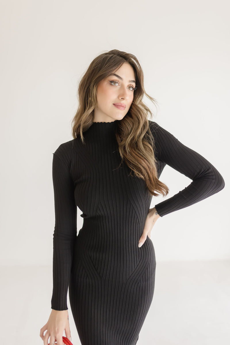  Long Sleeve Mock Neck Knit Midi Dress Black