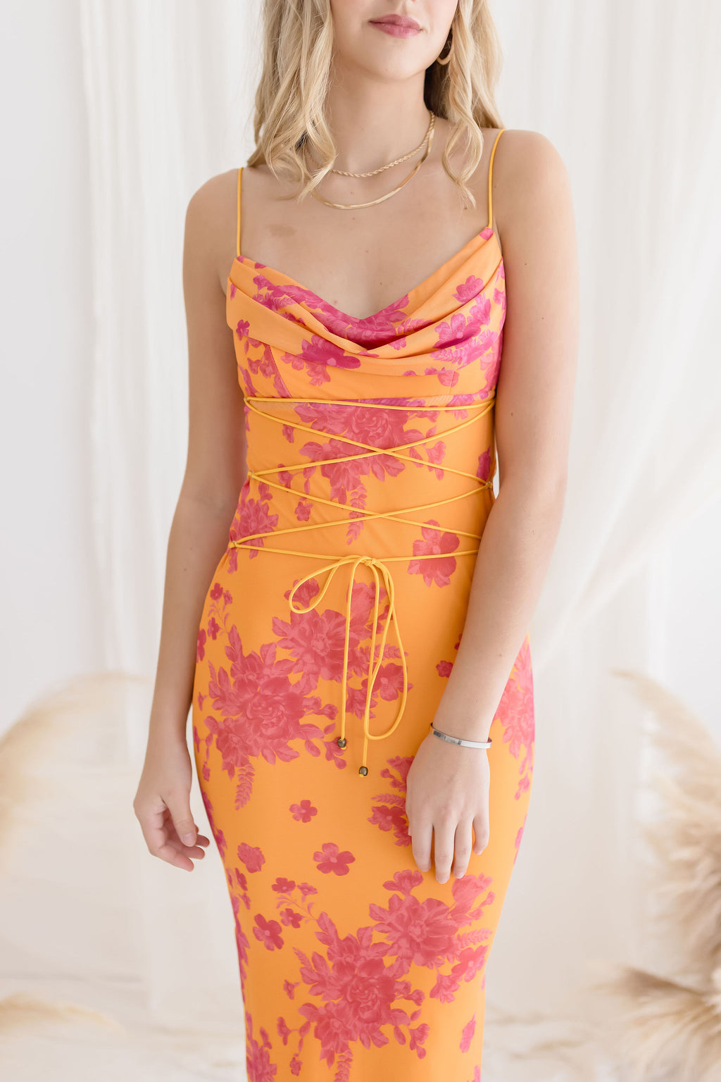 Sleeveless Cowl Neck Floral Print Maxi Dress Orange