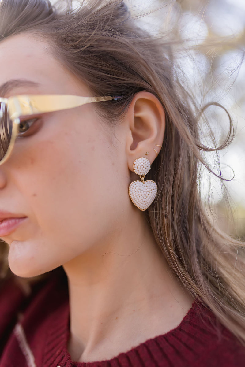 Beaded Heart Drop Earrings White