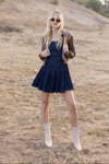 Simone Sleeveless Belted Pleated Denim Mini Dress Dark Wash