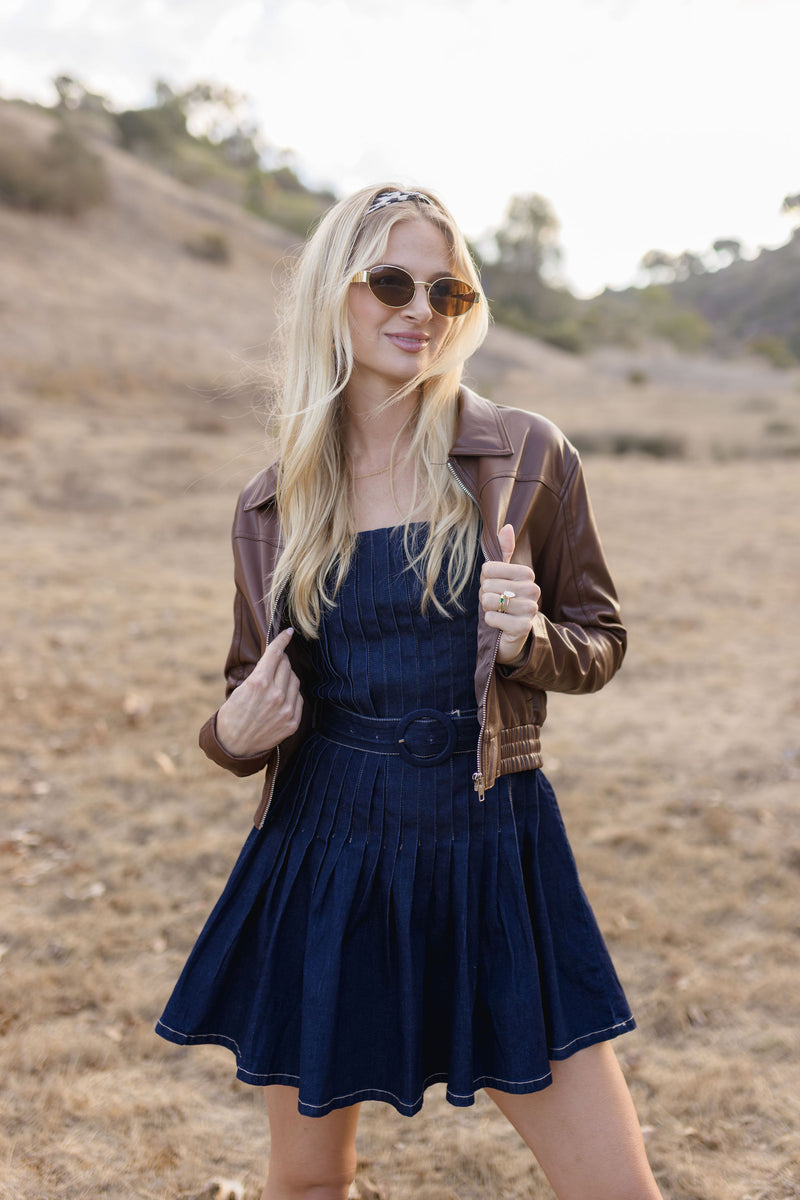 Simone Sleeveless Belted Pleated Denim Mini Dress Dark Wash