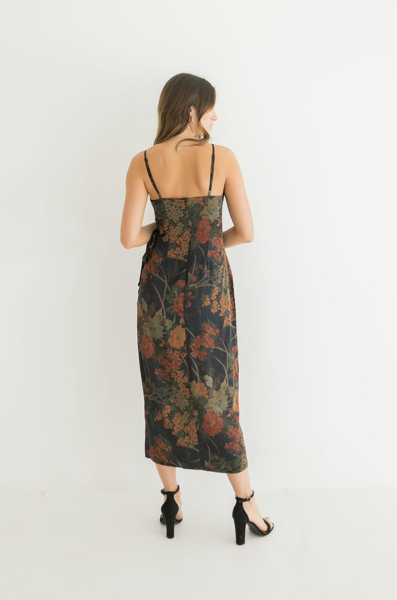 Sleeveless Floral Print Wrap Midi Dress Black