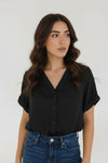 Short Sleeve Button Down Top Black