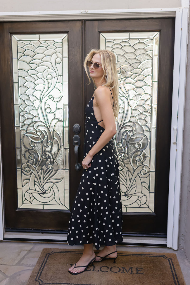 Sleeveless Open Back Tie Dot Print Maxi Dress Black