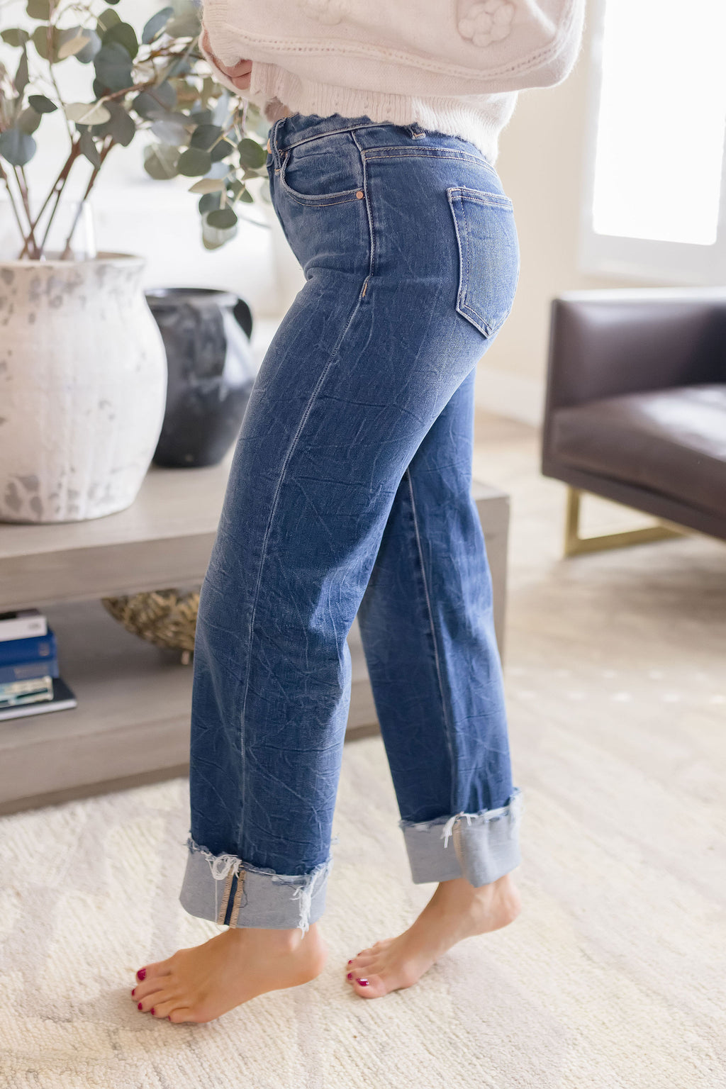  High Rise Wide Leg Cuffed Jeans Dark Wash