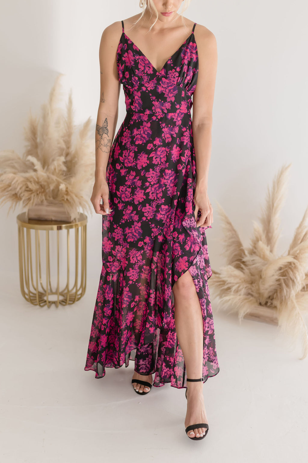 Sleeveless Floral Print Maxi Dress Fuchsia