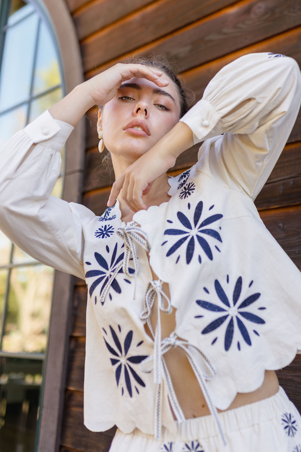 Long Sleeve Floral Embroidered Front Tie Top Cream