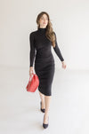  Long Sleeve Mock Neck Knit Midi Dress Black