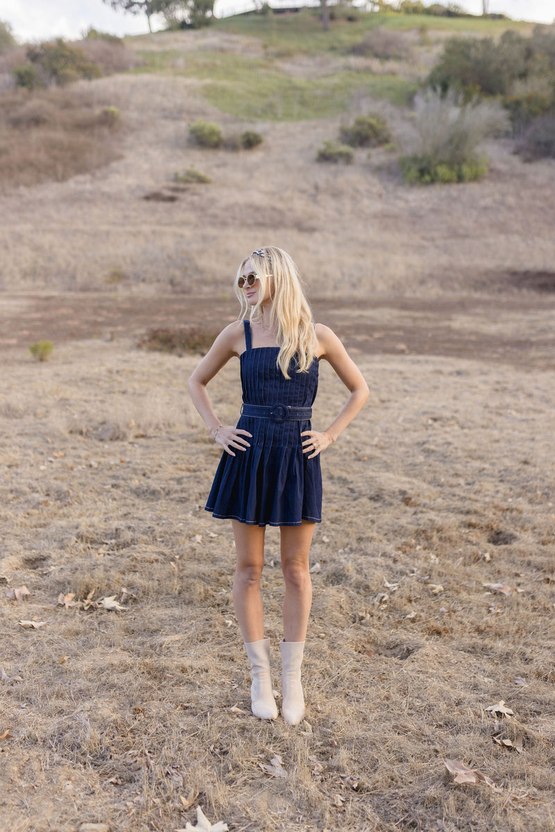Simone Sleeveless Belted Pleated Denim Mini Dress Dark Wash